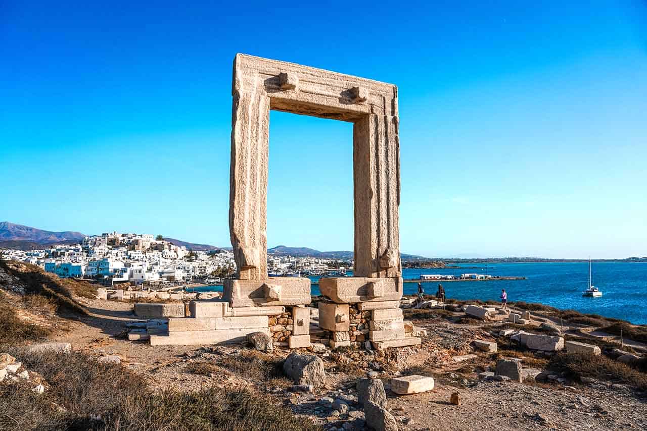 The Portara of Naxos, a giant marble gate on a small islet in front of Naxos Town
