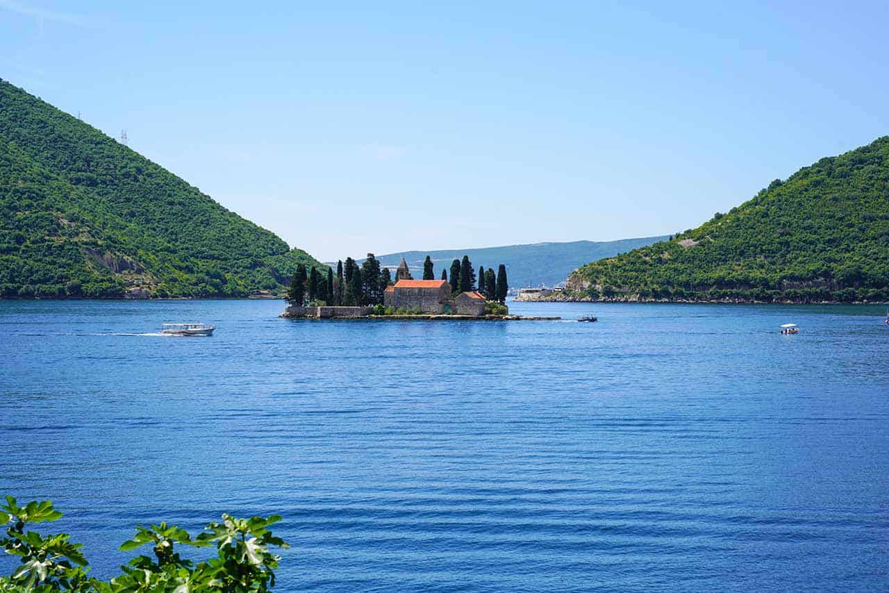 View of a small island with an old church in the middle of Kotor Bay, Montenegro