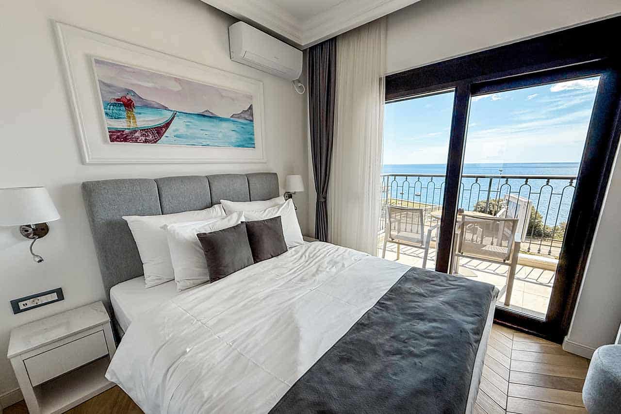 Our hotel room in Montenegro with a small balcony and sea view